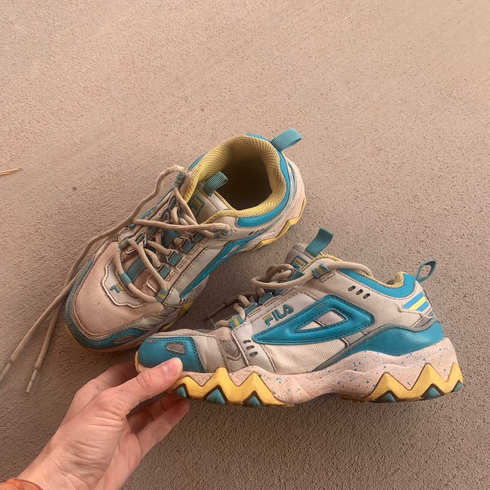 Fila Tan and Blue Sneakers with Yellow Highlights